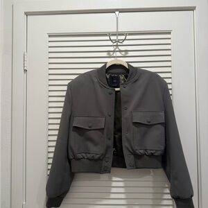 Women’s MANGO Cropped Bomber Jacket – Gray-Green (Size S)